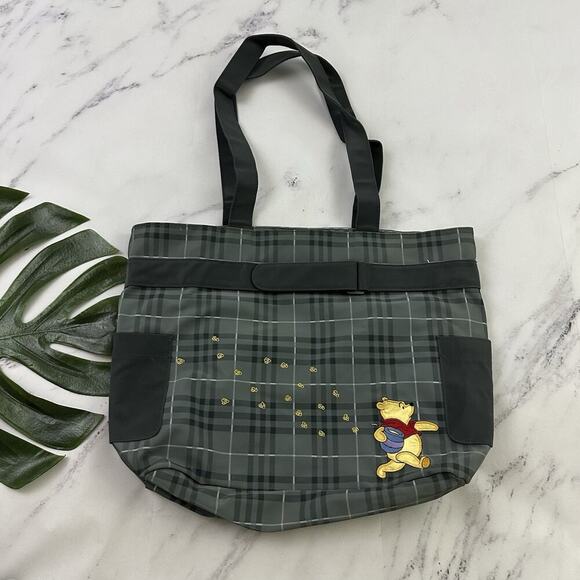 Disney Handbags - Disney Vintage Y2k Winnie the Pooh Tote Bag Purse Gray Plaid Embroidered Nylon